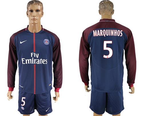 Paris Saint-Germain #5 Marquinhos Home Long Sleeves Soccer Club Jersey